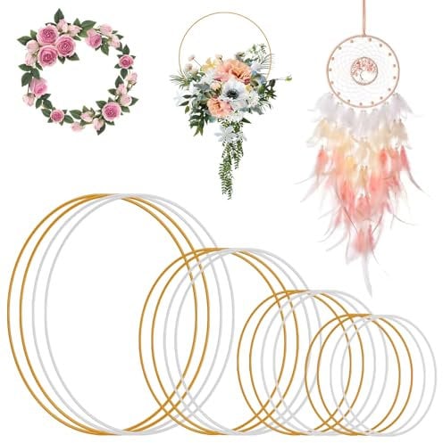 16 Pieces Metal Hoops for Craft Hanging, Large Sizes Dream Catcher Metal Rings Gold White Floral Hoop Macrame Rings for DIY Crafts Wedding Wreath Decor (8/10/15/20cm)