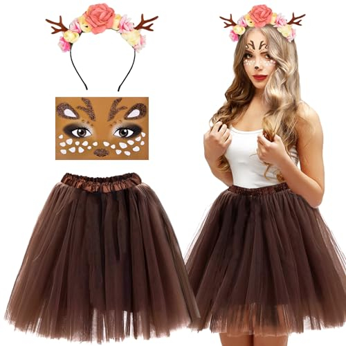 xinrongda Costume Bois de Cerf pour Femme, Serre-TêTe Bois de Cerf Avec Fleurs, Jupe Tutu Café en Tulle, Tatouages Visage de Renne, Accessoires de Costume de Cerf pour Mardi Gras Cosplay Mottoparty