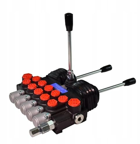 Presko Hydraulikverteiler Fünfsektionen 40L - Gesteuert mit zwei Joysticks und einem Hebel - Zwei 5-Positionen-Joysticks (1-2-0-3-4) - Ein 3-Positionen-Hebel (1-0-2)