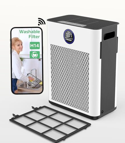 FRESHDEW Purificador de aire para el hogar de hasta 2300 pies cuadrados con control WiFi inteligente H14 True HEPA y entrada de doble cara, 22 dB ultra silencioso para dormitorio/hogares de mascotas