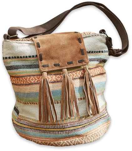 Loberon Tasche Sela, Kunstvoll Gewebt im Ethno-Look, Boho-Stil, Farbenfroh mit Quasten, Accessoire, Henkeltasche, Baumwolle, Büffelleder, bunt