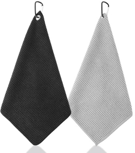 Tucnoeu 2 Stück Golf Handtuch Mikrofaser Golfhandtuch mit Karabiner Waffelmuster Golf Towel für Golfbag (Schwarz, Grau)