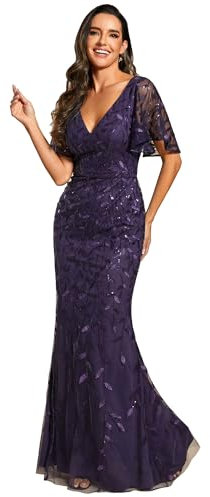 Ever-Pretty Women's Elegant Mermaid Ruffle Sleeve V Neck Shiny Maxi Bridesmaid Dresses Dark Purple 14UK