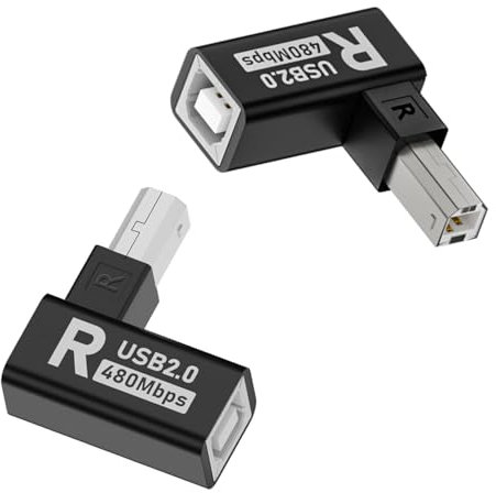QIANRENON 90°Angle USB B Printer Connector Plug USB Type B Male to B Female Right Angle Adapter MIDI Extender, Al Housing 480Mbps, for Printer Scanner Electric Piano Mixer, 2Pcs (Right Bend)