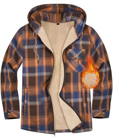 Xnova Herren Thermohemd Jacke Fleecefutter mit Kapuze, Casual Reißverschluss Karierte Mantel Langarm, Winterjacke Kapuzenpullover Flanellhemd Warm Holzfällerhemd Arbeitshemd Hoodie (Orange, XL)