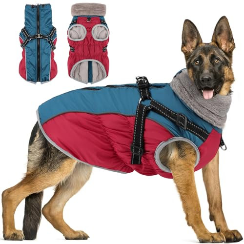 Woiil Hundemantel Winter, Hundemantel Wasserdicht für Grosse Hunde mit verstellbares Hundegeschirr, Warm Hundejacke aus Fleece, Reflektierende Streifen, Geeignet für Labrador (XL,Rot)