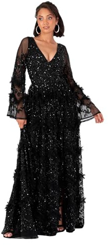 Maya Deluxe Women's Women's Ladies Maxi Dress V Neckline Sequin with Ruffle Empire Waist Slit Split for Prom Ball Bridesmaid Wedding Guest Dress (Pack of 1)