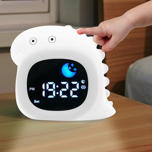 Thorder Horloge d'apprentissage du Sommeil pour Tout-Petits, veilleuse inspirée des Dinosaures pour Enfants, Lecteur sonore Multifonctionnel, réveil Portable et Rechargeable, spécialement pour, Blanc