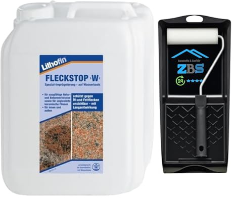 zbs24 Lithofin Fleckstop W Set lösemittelfreie Schutzimprägnierung für saugfähige Keramik, Betonwerksteinbeläge und Naturstein, mit Farbrollerset (5 Liter)