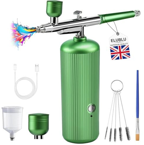 Airbrush Kit with Compressor, 48psi Rechargeable Cordless Non-Clogging High-Pressure Air Brush Gun with 0.3mm Nozzle And Cleaning Brush Set for Graffiti Painting, Nail Art (green)
