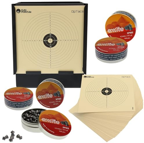 OpTacs Set Kugelfangkasten Maxi 14x14 cm + 400 H&N Excite Spike Diabolos + 10 Zielscheiben Luftgewehr