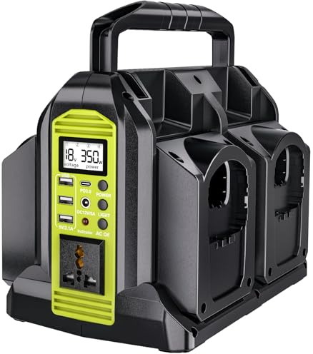 4-Ports 350W Power Inverter for Ryobi 18v Battery, Portable DC 18V to AC 220-230V Outdoor Generators Converter with USB-A & Type-C Port,300LM LED Light for Camping Emergency