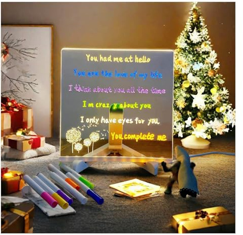 Hazomeu Tableau Lumineux avec Support Réglable et Stylo 7 Couleurs Tablette Dessin Lumineuse Essuyable Tablette LED Acrylique,15x15cm