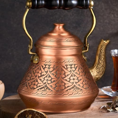 Türkische Teekanne im Vintage-Stil, 100 % massives reines Kupfer, für Herd, traditionell, dekorativ, ausgefallen, arabisch, marokkanisch, Party, Servieren, Küche, antikes handgefertigtes einzigartiges