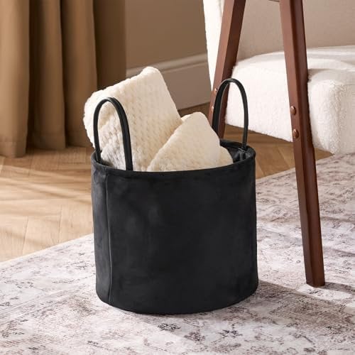 OHS Matte Velvet Storage Basket, Living Room Bathroom Basket Storage with Handles Soft Decorative Space Saving Laundry Baskets for Clothes Toys Blankets, Black