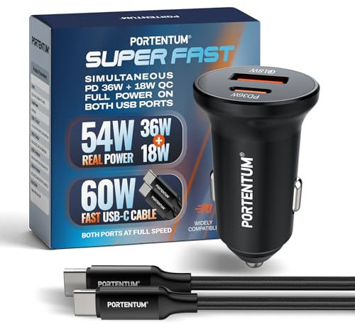 PORTENTUM Allume Cigare 54W + 60W Cable Rapide – Double Charger Voiture simultané réel – USBC PD 36W + USBA QC 18W – Prise Allume Cigare 12V pour iPhone iPad Android Smartphone