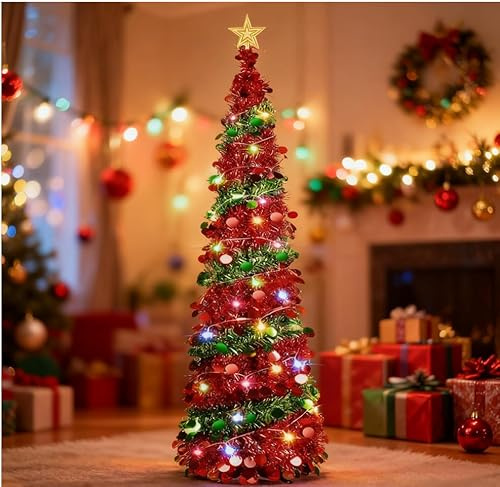 Gachiwar Klappbarer Faltbarer Weihnachtsbaum 150 cm Mit LED Lichterkette Und Top Stern Weihnachtsdeko Set, Spiral Weihnachtsbaum, Pailletten Weihnachtsbaumschmuck Für Zuhause Büro Geschenk