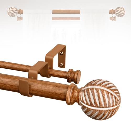 Boho Gardinenstangen aus Holz für Fenster 66 bis 120: TANGWIN 2,5 cm, robuste Doppel-Gardinenstange mit Holzmaserung, Endstücke, Bauernhaus, dekorative Holzvorhangstange, doppelt verstellbar, für