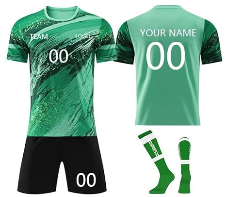 Personalisierte Fußballtrikot Erwachsene Kinder Benutzerdefiniert Trikot T-Shirt Shorts und Socken 3 Teiliges Set mit Name Nummer Team Logo Trainingsanzug Fußball Trikot Männer Jungen