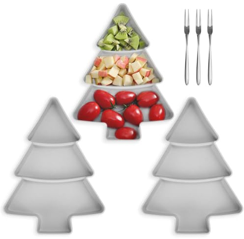 3pcs Christmas Serving Dishes, Plastic Christmas Tree Shaped Plates Snack Tray with 3 Forks, Serving Platters Dinner Plates Fruit Plates with Sections for Christmas Holiday Party Candy Nut (Grey)