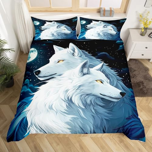 Homewish Wolf Bettwäsche Cartoon 3D Wolf Bettbezug Set 135x200 | Kinder Mädchen Jugendliche Waldtiere Wölfe Bettwäscheset Mond Wolekn Sternenhimmel Bettset Raumdekor 2 -Teilig Mikrofaser