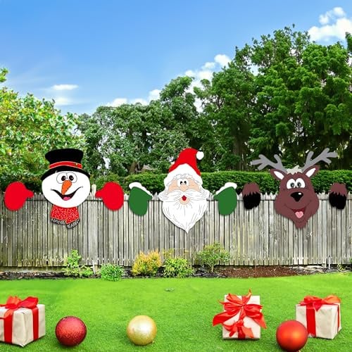 3 Stück Weihnachtsdeko Gartenzaun, 40cm x 30cm Weihnachtsmann Deko, Snowman Garden, Gucken Elch Deko, Gartendeko Weihnachten für Draußen für Garten, Hof, Party