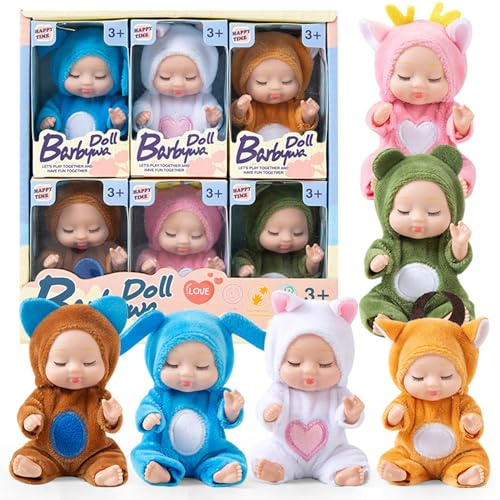 Mini -Babypuppen, 6pcs 4, 3 Zoll winzige Babypuppe, potenzielle realistische Puppe mit tierischen Kleidung, süß für Kleinkinder Mädchen Kinder 3+, Geburtstagsgeschenke, Mini -Puppen, Weihnachtsd