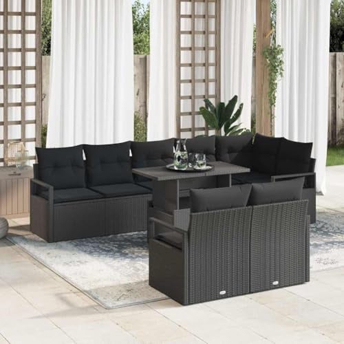 QJBSAVVA Gartensofa Set 9-TLG Schwarz 100x55x73 cm Poly-Rattan Eckbank mit Glas Couchtisch für Terrasse Balkon Gartenmöbel Lounge Outdoor Küche Wohnzimmer