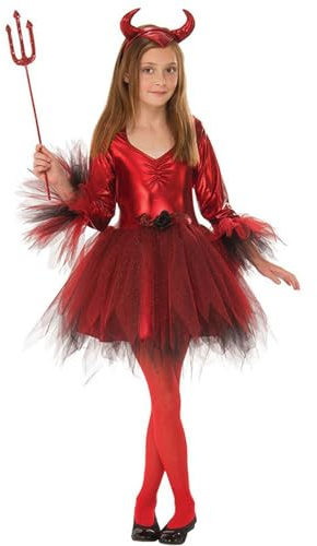 Modaworld Kids Devil Costume 3-Piece Set, Red Devil Tutu Dress with Horn Headband & Trident Fork, Fancy Dress for Halloween Party Cosplay (Red, 10-11 Years)