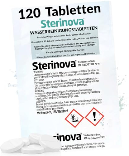 JB White Puritabs Sterinova 120x Wasser Rudergerät Tabletten gegen Algen | Entkeimungstabletten extra konzentriert, Chlortabletten geeignet für WaterRower SportPlus Skandika Wasserrudergerät