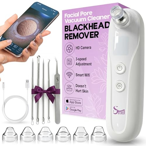 Blackhead Remover Vacuum with Camera, Pore Vacuum Blackhead Remover, 3 Suction Modes, 6 Heads, USB Rechargeable, 5-Piece Stainless Steel Kit, Deep Pore Cleanser for Women & Men