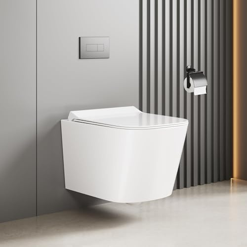 Hänge WC Toilette Komplettset, Wand-WC mit Abnehmbarer Absenkautomatik und 360° Tornado-Spülung, Geräuscharm, U-Form Lang 53 cm, Ultradünner UF-Deckel mit Push-Button, Weiß