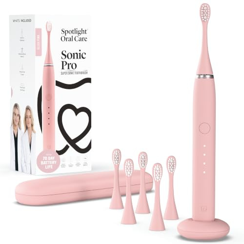 Spotlight Oral Care Sonic Pro Electric Toothbrush + 6 Heads (18-Month Supply) – Made by Dentists | Pressure Sensor & 4 Modes | 70-Day Battery | Gently Whitens, Sensitive Gums, Pink