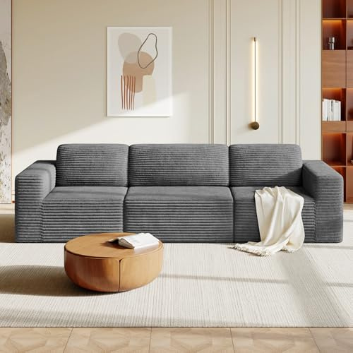 Vesgantti 303 cm Groß Modulares Ecksofa mit Schlaffunktion, 3‑Sitzer Cordsofa mit Federkern, Extra Tiefe Sitzfläche, Boneless Schlafcouch, Für Wohnzimmer, Keine Montage erforderlich, Grau