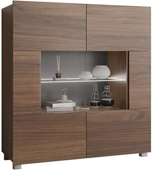 Mirjan24 Kommode Calabrini BR01 mit 2 Türen (Nuss Warmia, weißer LED) | Moderne grifflose Kommode mit gehärtetem Glas und viel Stauraum für Wohn- und Schlafzimmer