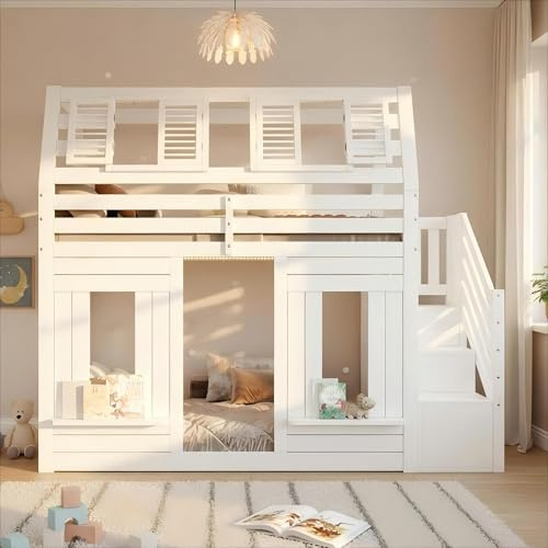 Wiuzo Etagenbett, Hochbett, Kinderbett, Holzbett, Hausbett 90x200cm mit LED, Rausfallschutz und Stauraumtreppe, Fenster-Form, weiß