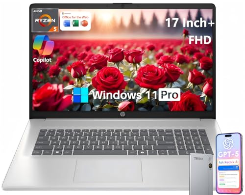 HP 17 Inch Laptop, 17.3 FHD IPS Display, AMD Ryzen 5 7430U (Up to 4.5GHz), 32 GB RAM, 1 TB SSD, Wi-Fi 6, Bluetooth 5.4, Windows 11 Pro, Copilot AI Key, Numeric Keypad, w/RECOLX AI Voice Recorder