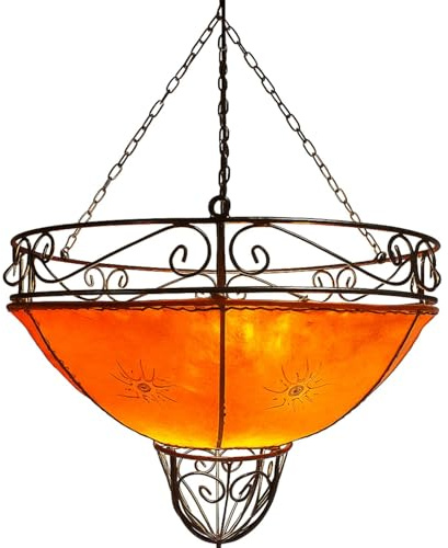 Marokkanische Hängeleuchte Demren modern aus Leder in Orange 45 cm