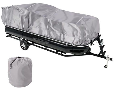Universal Boat Adjustable Storage Cover - 17'-20'L to 96” Pontoon Boats Protection Custom Heavy Duty Waterproof Mildew Weather Resistant Polyester Fabric, Snap Strap, Elastic Cord, Bag - Pyle PCVHP440