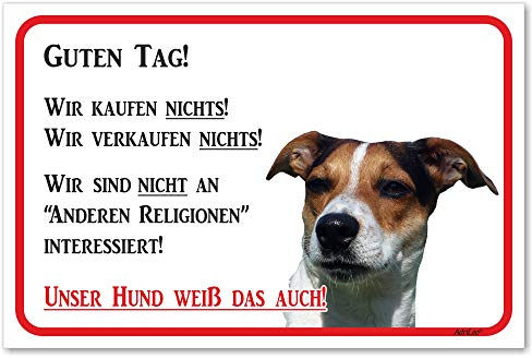 AdriLeo Schild - Vorsicht Jack Russell Terrier - Wir kaufen nichts - (15x20cm) / Achtung Hund Wachhund robust langlebig UV-beständig wetterfestes Warnschild