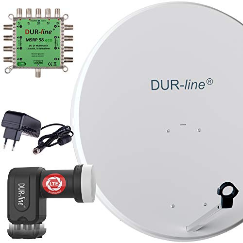 DUR-line MDA 90 Hellgrau - Digitale 8 Teilnehmer Satellitenschüssel Komplett-Anlage mit Premium Multischalter und LNB [Camping, Astra 19,2°, DVB-S/S2, Full HD, 4K, 3D]