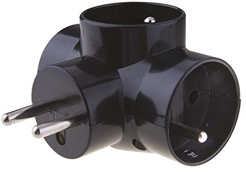 Steckdosenadapter, 3 x Steckdosen, rund, Typ Französisch, Schwarz