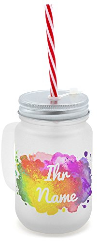 printplanet® - Trinkglas mit Henkel und Strohhalm - personalisiert mit Namen - Motiv Color Paint - Henkel-Glas satiniert mit Deckel und Mehrweg-Trinkhalm
