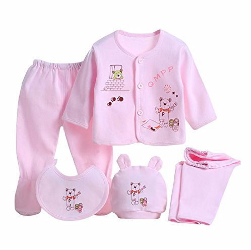Gajaous 5PCS Newborn Baby Boys Girl's Cotton Grow Top Hat Pants PlaySuit Sets Outfit, Pink #3, 0-3 Months