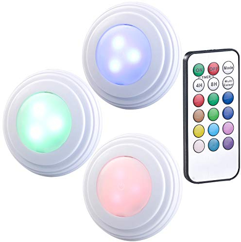 Lunartec Schrank Lampe: 3er-Set RGB+W-LED-Unterbauleuchten, Fernbedienung, Timer, erweiterbar (Küchenlampe, LED Lampe mit Batterie, Glaskantenbeleuchtung)