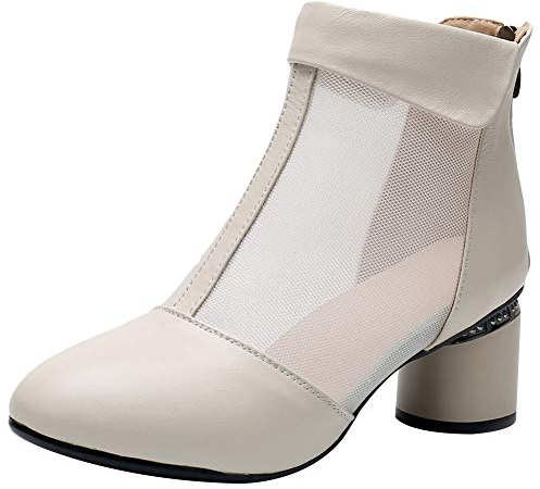 Jamron Donna Elegante Tallone di Blocco Stivaletti Traspirante Maglia Estate Stivali Pumps Beige SN02664 EU38.5