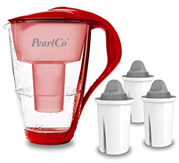GLAS-Wasserfilter PearlCo (rot) mit 3 Protect+ classic Filterkartuschen (f. hartes Wasser) - Made in EU