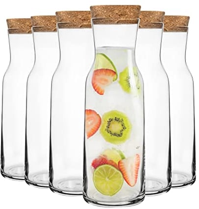 Bormioli Rocco Aquaria Lot de 6 carafes à eau en verre avec couvercle en liège – Carafe à décanter pour eau, vin, thé glacé – 1,2 l