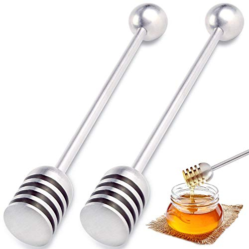 DUGATO Honey and Syrup Dippers, 2pcs 6.3 Inch 304 Stainless Steel Honeycomb Stick Spoon Stirrer Server for Honey Pot Jar Containers (Silver)