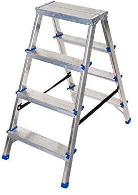 Scaletta-Sgabello in alluminio a 2 tronchi di salita, 4 Gradini, Made in Italy. Portata Max 150KG. Peso 3,4 KG.